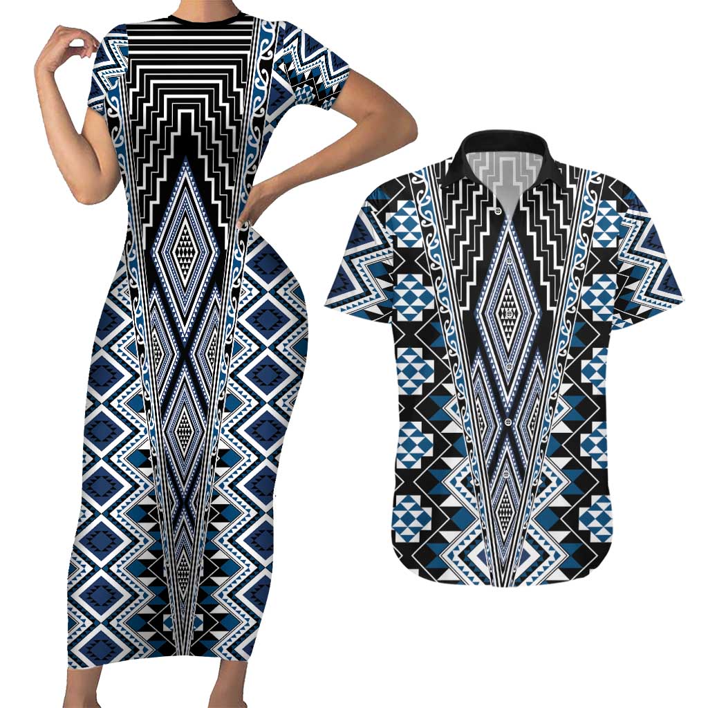 Blue Aotearoa Tukutuku and Poutama Motif Couples Matching Short Sleeve Bodycon Dress and Hawaiian Shirt