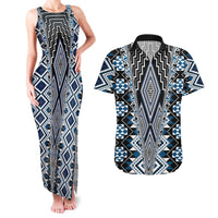 Blue Aotearoa Tukutuku and Poutama Motif Couples Matching Tank Maxi Dress and Hawaiian Shirt