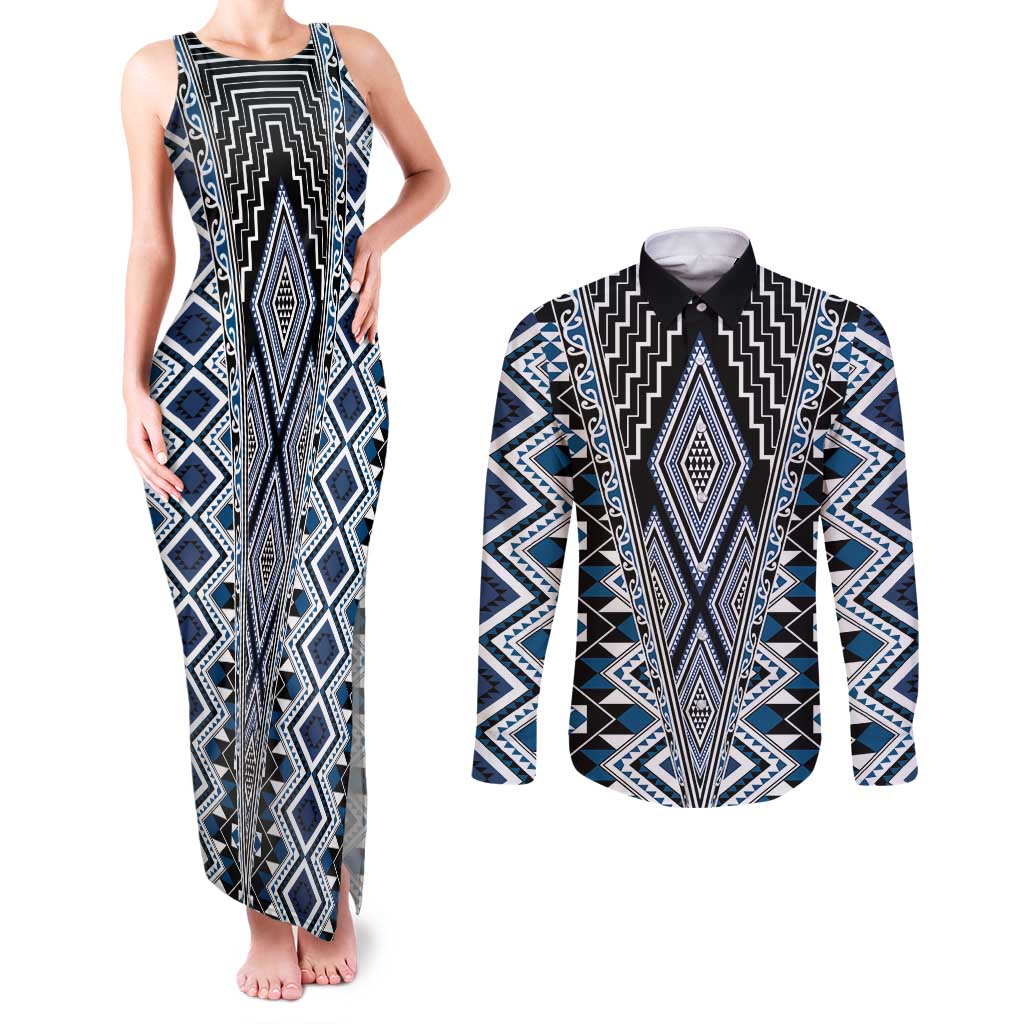Blue Aotearoa Tukutuku and Poutama Motif Couples Matching Tank Maxi Dress and Long Sleeve Button Shirt