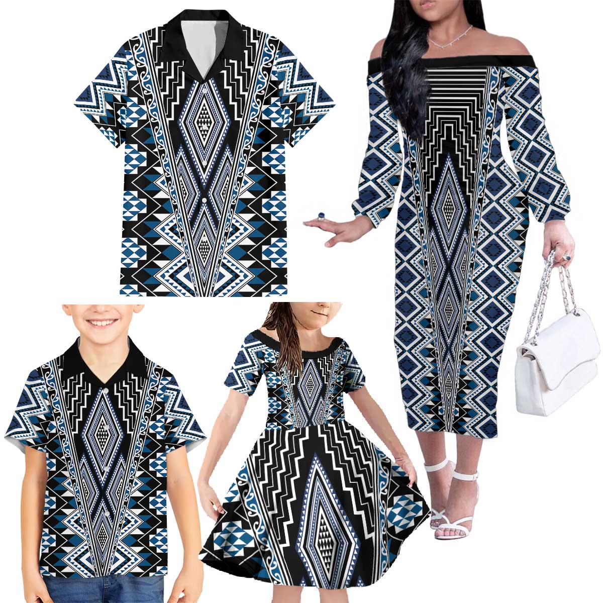 Blue Aotearoa Tukutuku and Poutama Motif Family Matching Off The Shoulder Long Sleeve Dress and Hawaiian Shirt