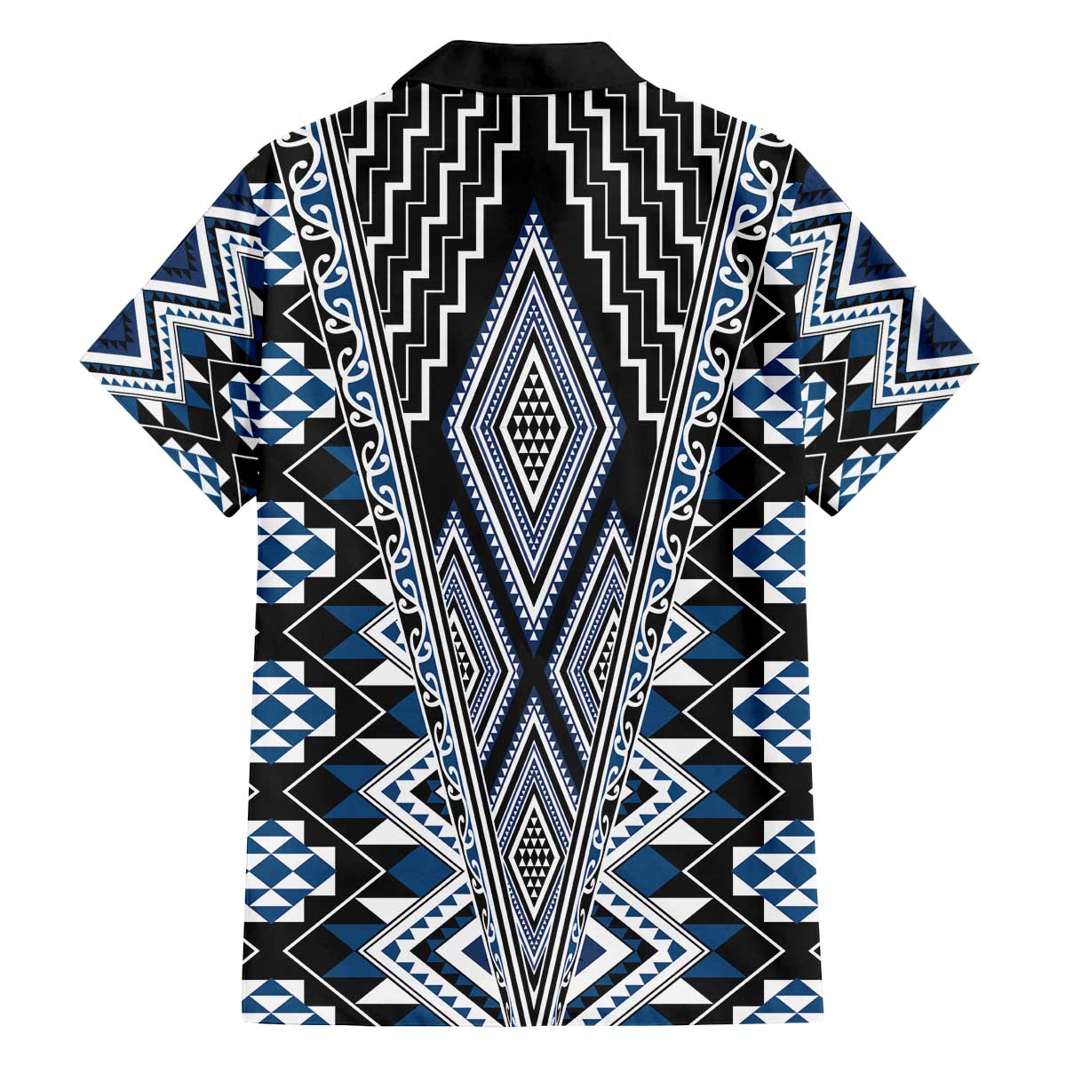 Blue Aotearoa Tukutuku and Poutama Motif Family Matching Off The Shoulder Long Sleeve Dress and Hawaiian Shirt