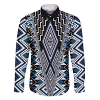 Blue Aotearoa Tukutuku and Poutama Motif Family Matching Off The Shoulder Long Sleeve Dress and Hawaiian Shirt