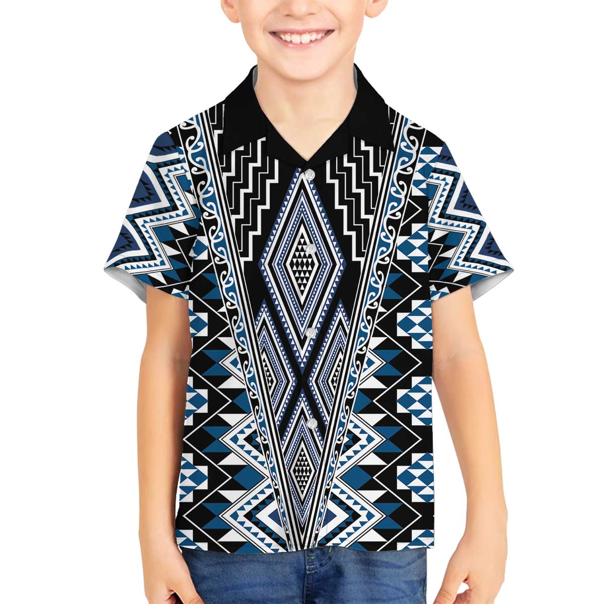 Blue Aotearoa Tukutuku and Poutama Motif Family Matching Off The Shoulder Long Sleeve Dress and Hawaiian Shirt