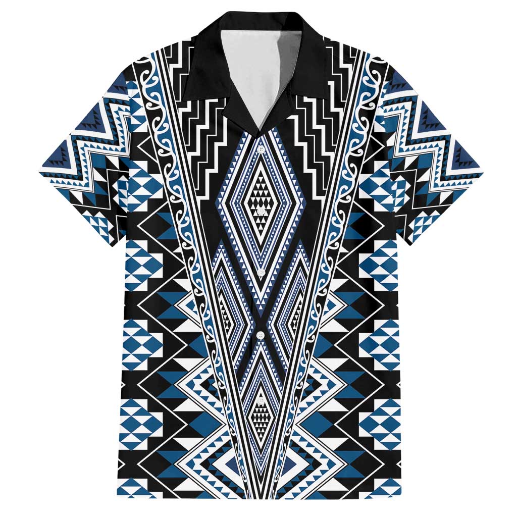 Blue Aotearoa Tukutuku and Poutama Motif Family Matching Off Shoulder Maxi Dress and Hawaiian Shirt