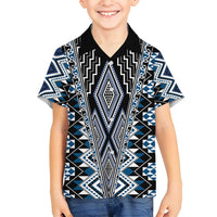 Blue Aotearoa Tukutuku and Poutama Motif Family Matching Puletasi and Hawaiian Shirt
