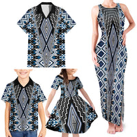 Blue Aotearoa Tukutuku and Poutama Motif Family Matching Tank Maxi Dress and Hawaiian Shirt