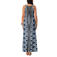 Blue Aotearoa Tukutuku and Poutama Motif Family Matching Tank Maxi Dress and Hawaiian Shirt