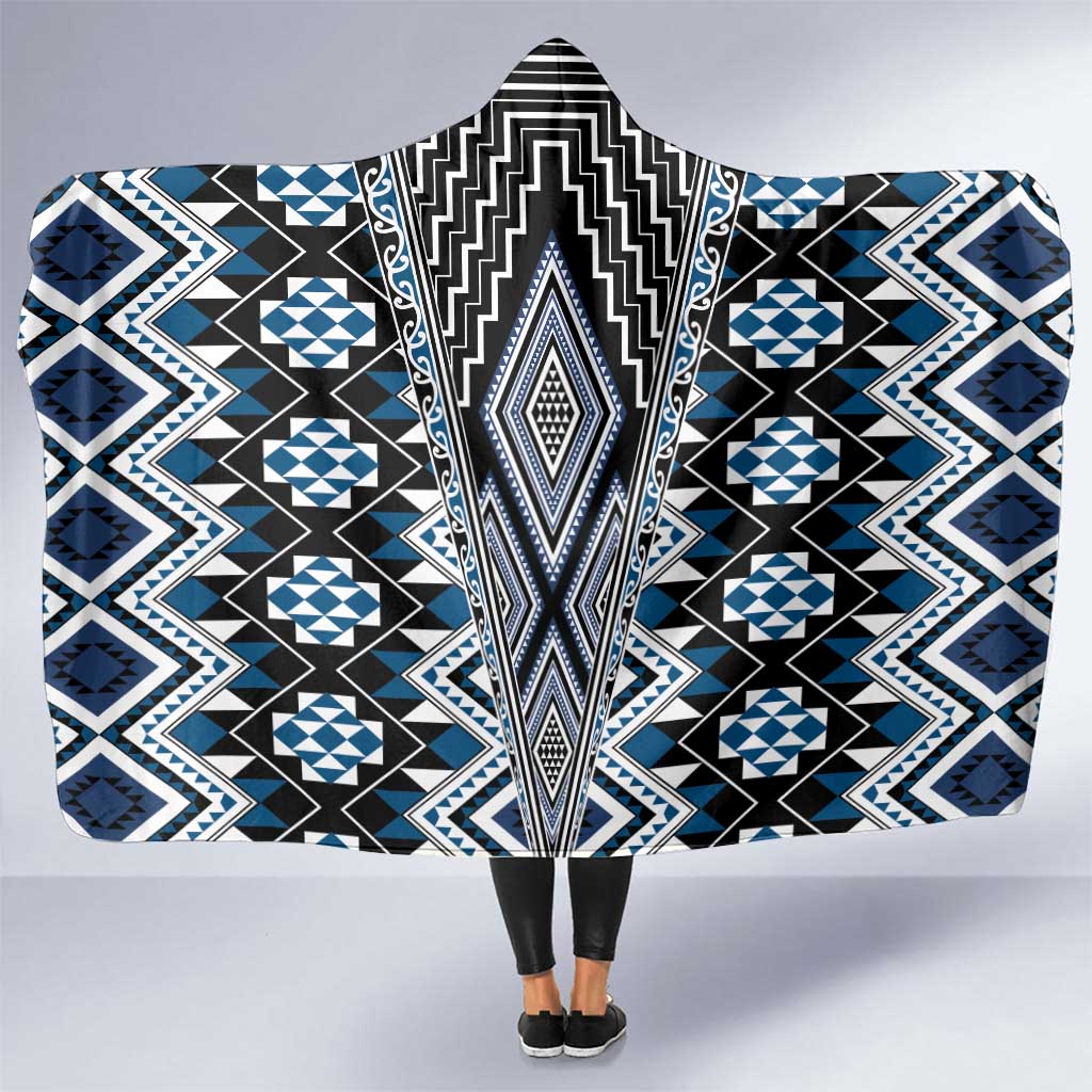 Blue Aotearoa Tukutuku and Poutama Motif Hooded Blanket LT03 One Size Blue - Polynesian Pride