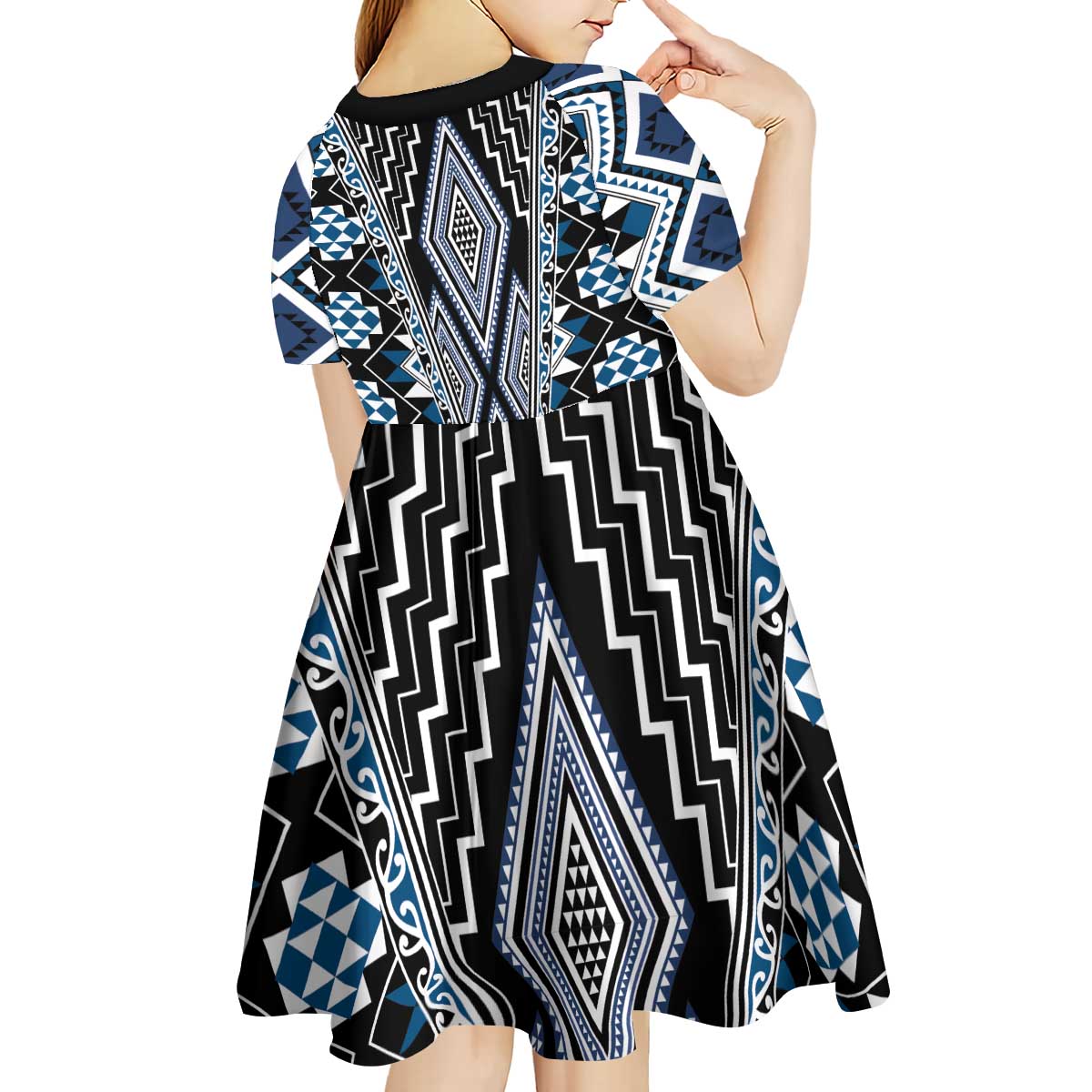 Blue Aotearoa Tukutuku and Poutama Motif Kid Short Sleeve Dress