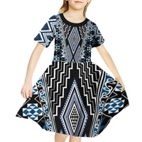 Blue Aotearoa Tukutuku and Poutama Motif Kid Short Sleeve Dress