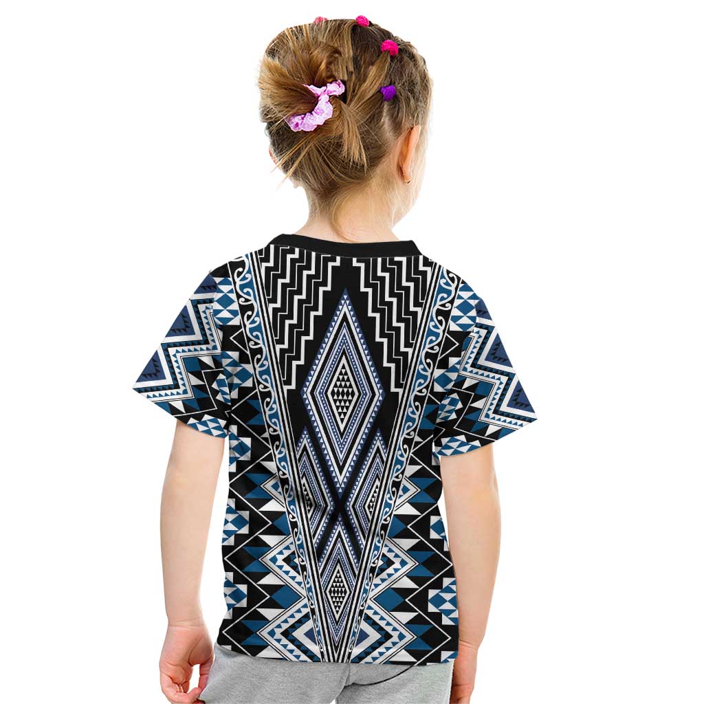Blue Aotearoa Tukutuku and Poutama Motif Kid T Shirt LT03 - Polynesian Pride