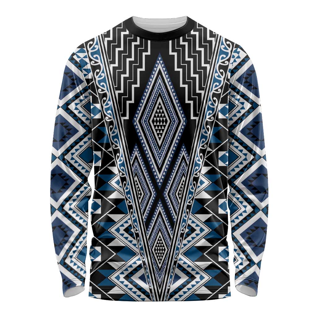 Blue Aotearoa Tukutuku and Poutama Motif Long Sleeve Shirt LT03 Unisex Blue - Polynesian Pride