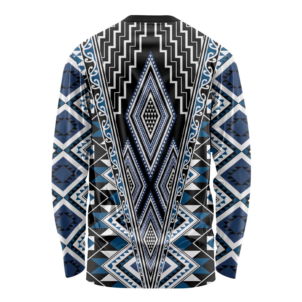 Blue Aotearoa Tukutuku and Poutama Motif Long Sleeve Shirt LT03 - Polynesian Pride