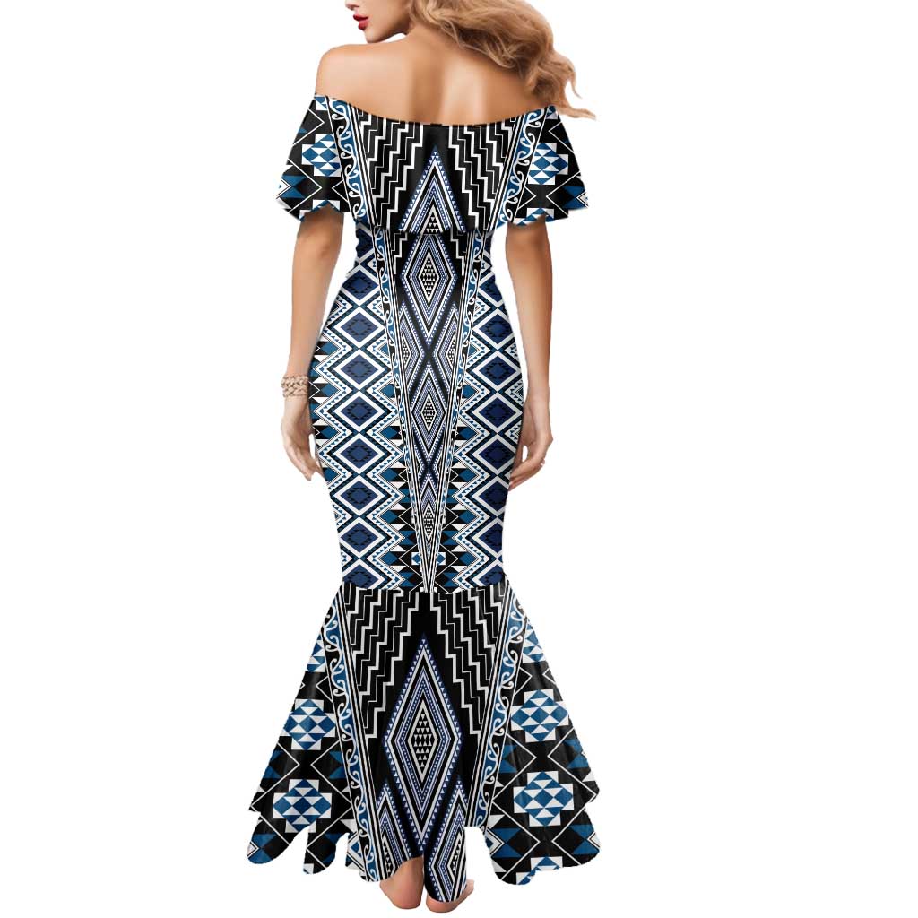 Blue Aotearoa Tukutuku and Poutama Motif Mermaid Dress
