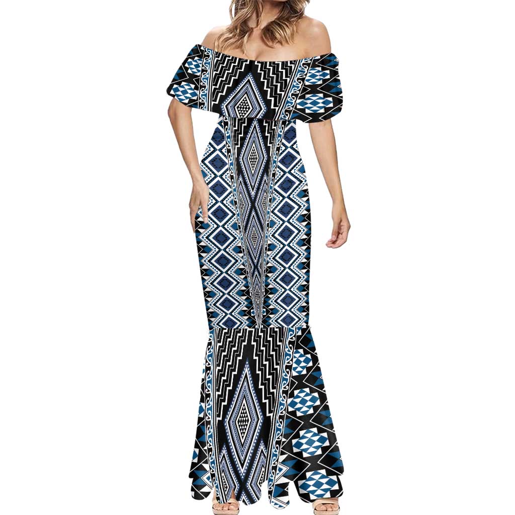 Blue Aotearoa Tukutuku and Poutama Motif Mermaid Dress
