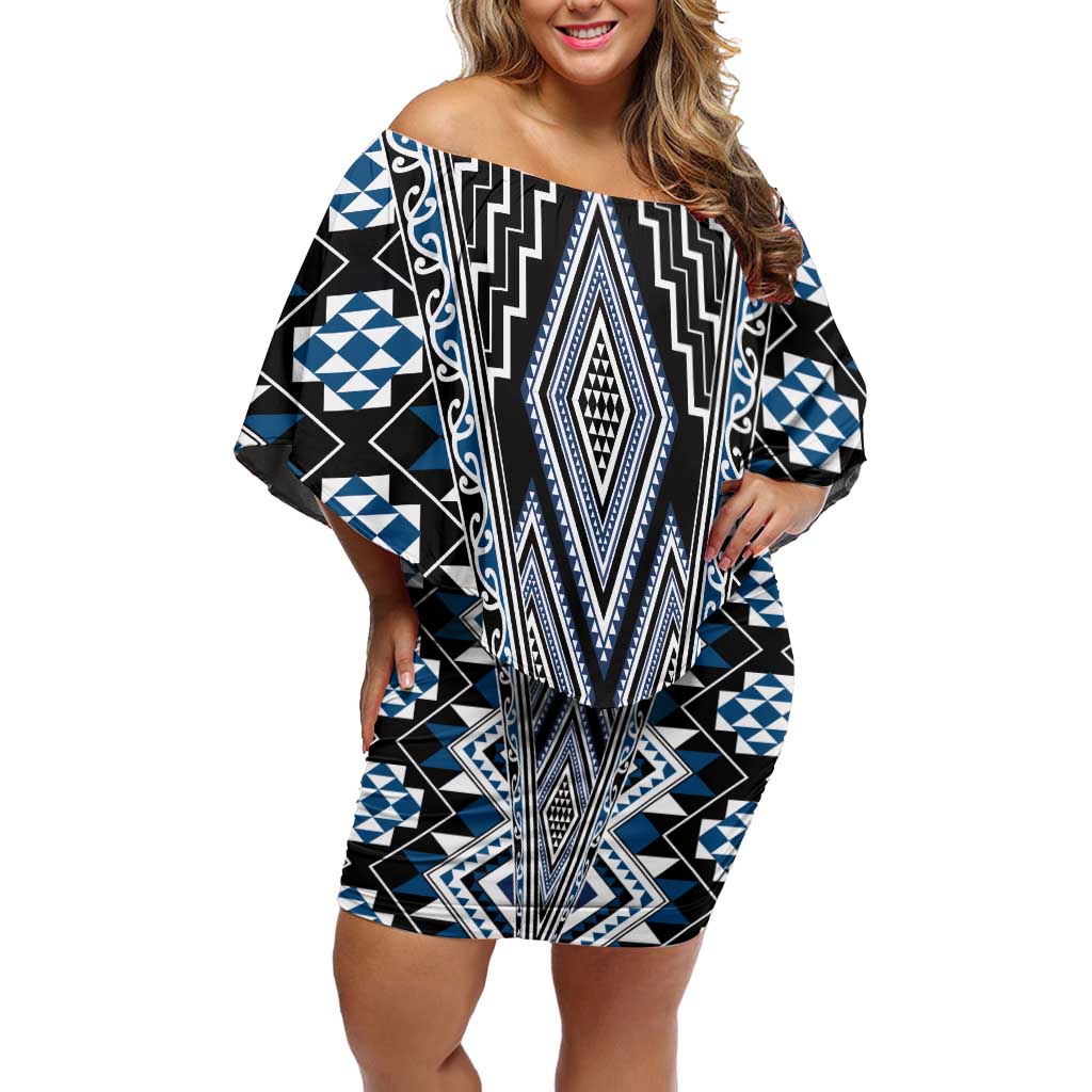 Blue Aotearoa Tukutuku and Poutama Motif Off Shoulder Short Dress