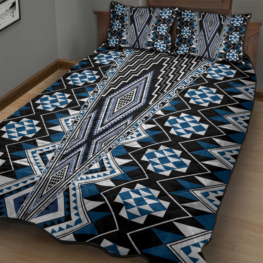 Blue Aotearoa Tukutuku and Poutama Motif Quilt Bed Set