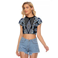 Blue Aotearoa Tukutuku and Poutama Motif Raglan Cropped T Shirt