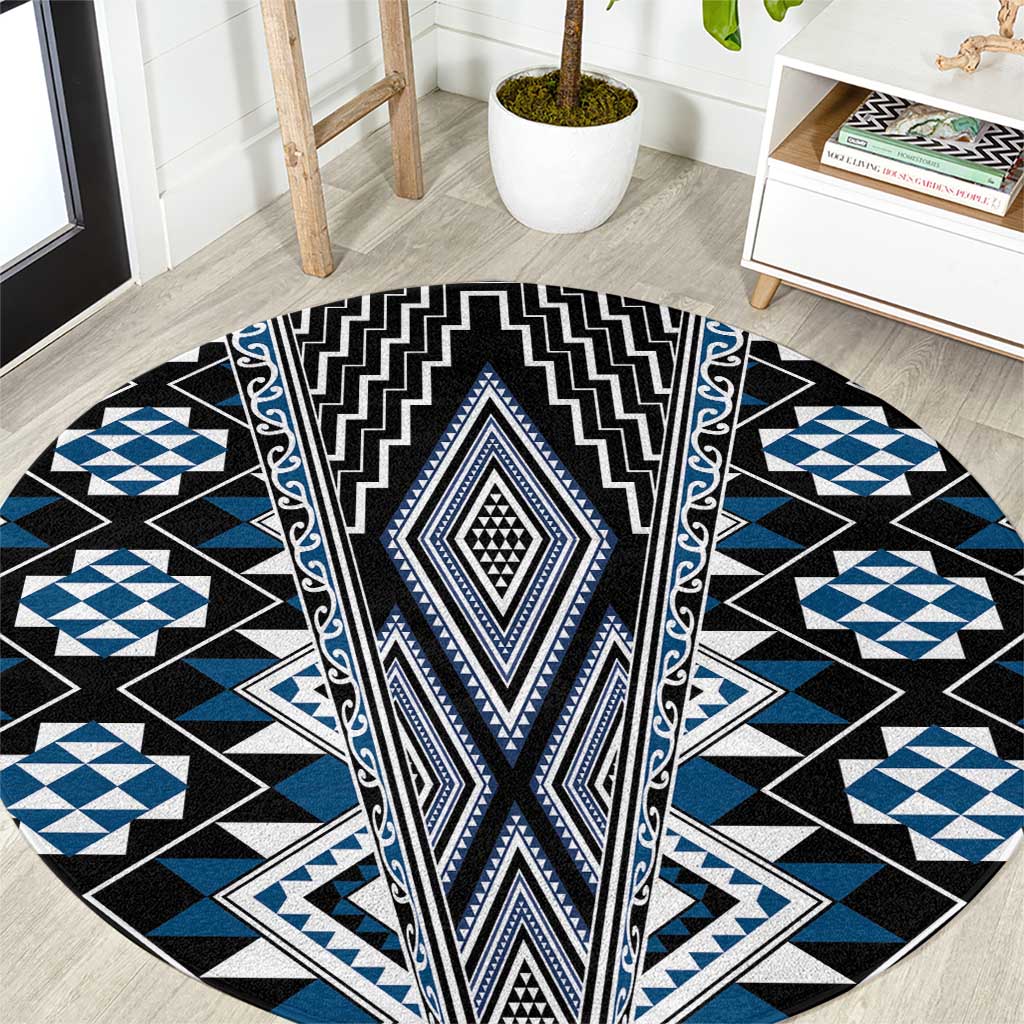 Blue Aotearoa Tukutuku and Poutama Motif Round Carpet LT03 Blue - Polynesian Pride