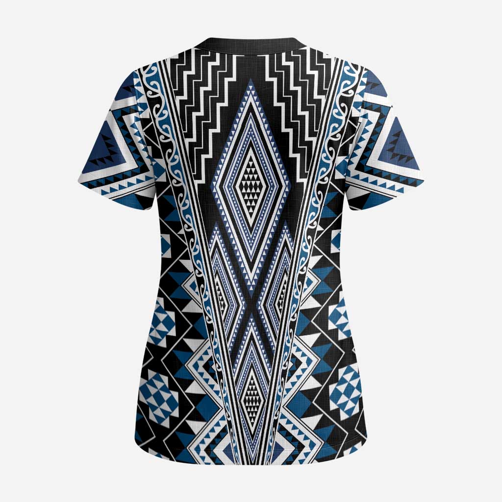 Blue Aotearoa Tukutuku and Poutama Motif Scrub Top - Polynesian Pride