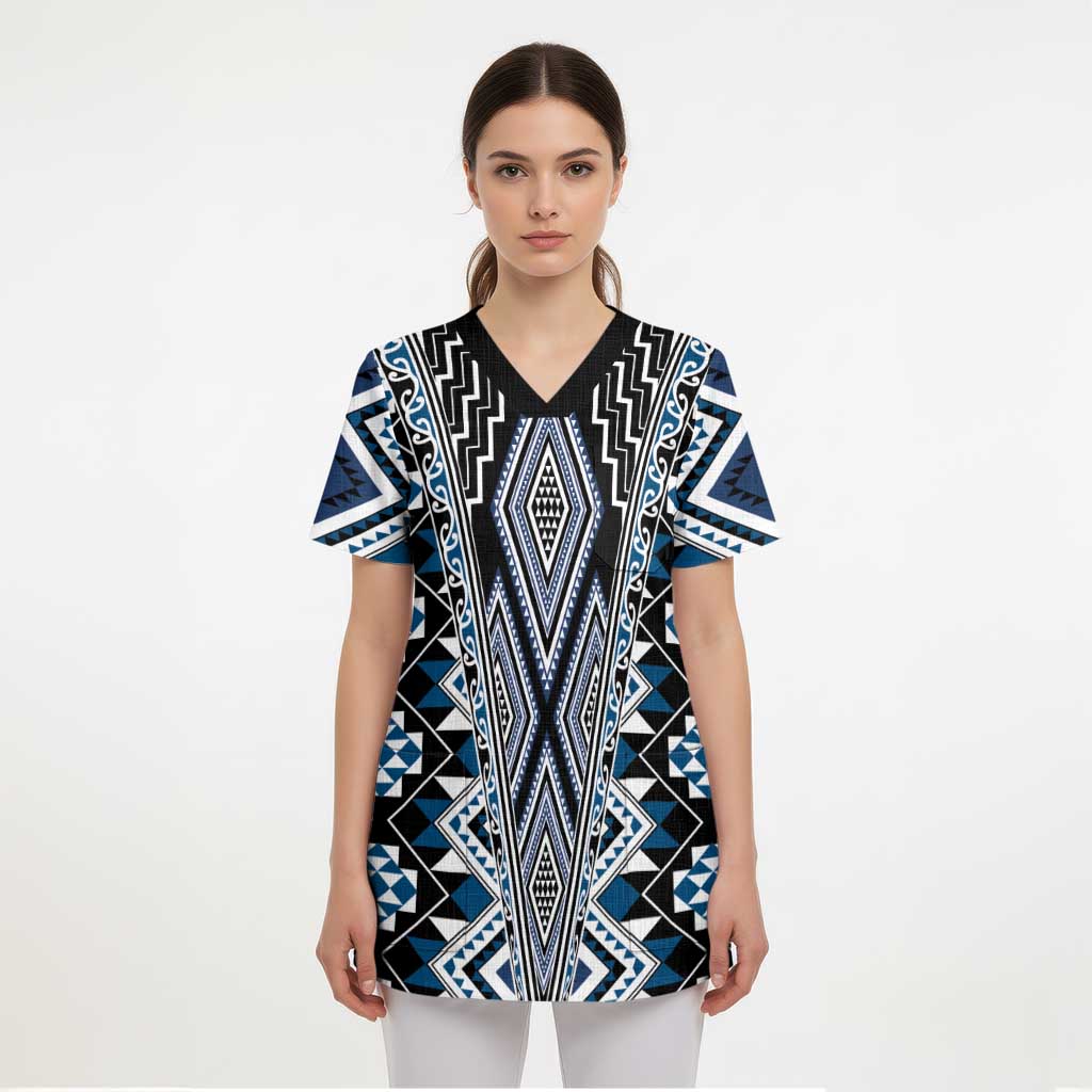 Blue Aotearoa Tukutuku and Poutama Motif Scrub Top - Polynesian Pride