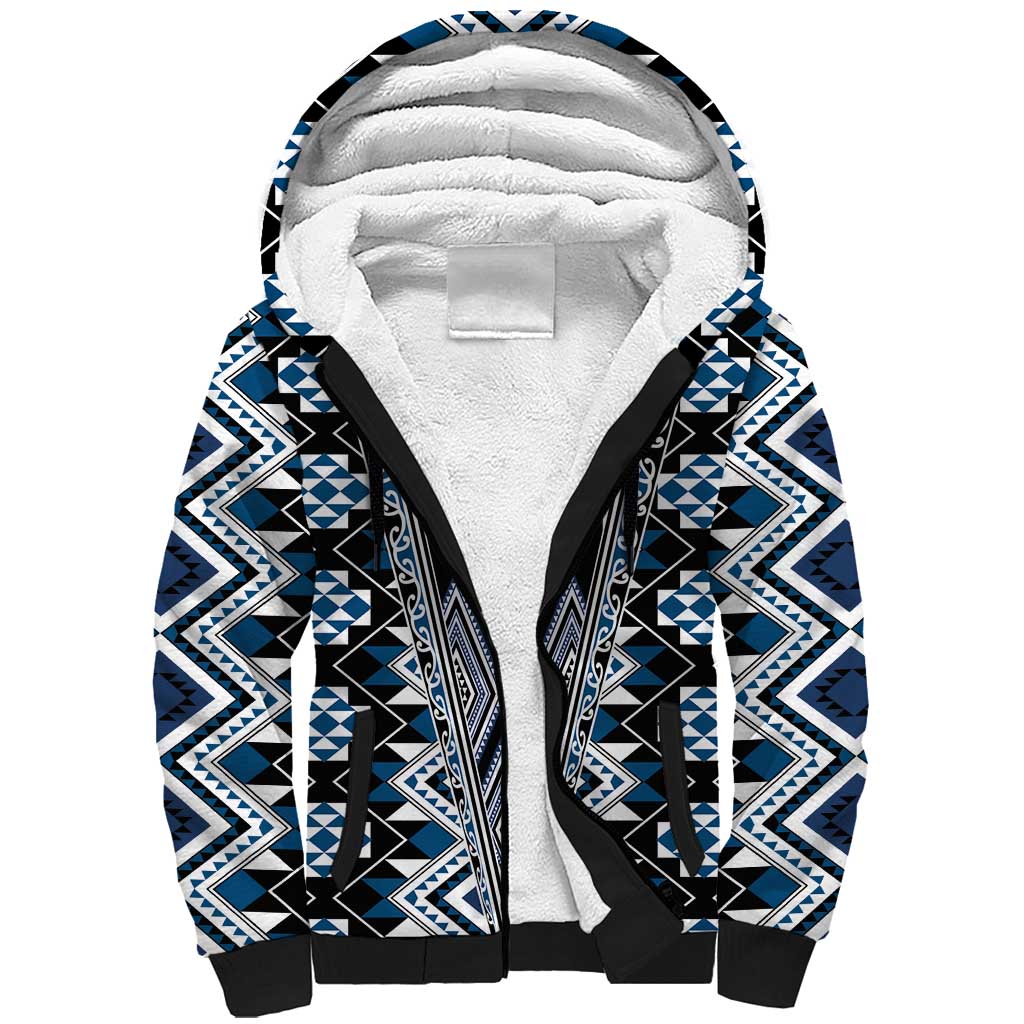 Blue Aotearoa Tukutuku and Poutama Motif Sherpa Hoodie