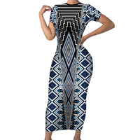 Blue Aotearoa Tukutuku and Poutama Motif Short Sleeve Bodycon Dress