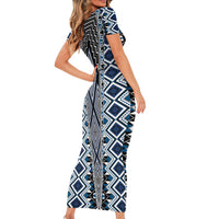 Blue Aotearoa Tukutuku and Poutama Motif Short Sleeve Bodycon Dress