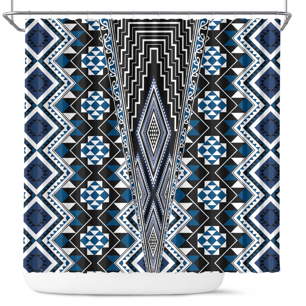 Blue Aotearoa Tukutuku and Poutama Motif Shower Curtain LT03 Blue - Polynesian Pride