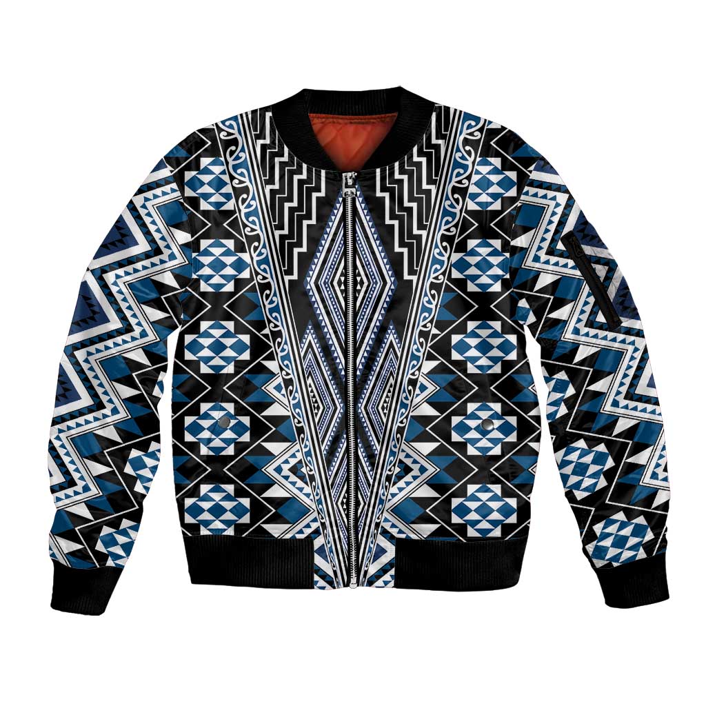 Blue Aotearoa Tukutuku and Poutama Motif Sleeve Zip Bomber Jacket