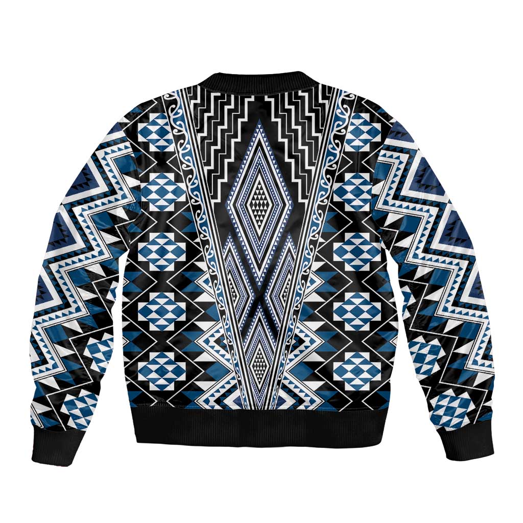 Blue Aotearoa Tukutuku and Poutama Motif Sleeve Zip Bomber Jacket