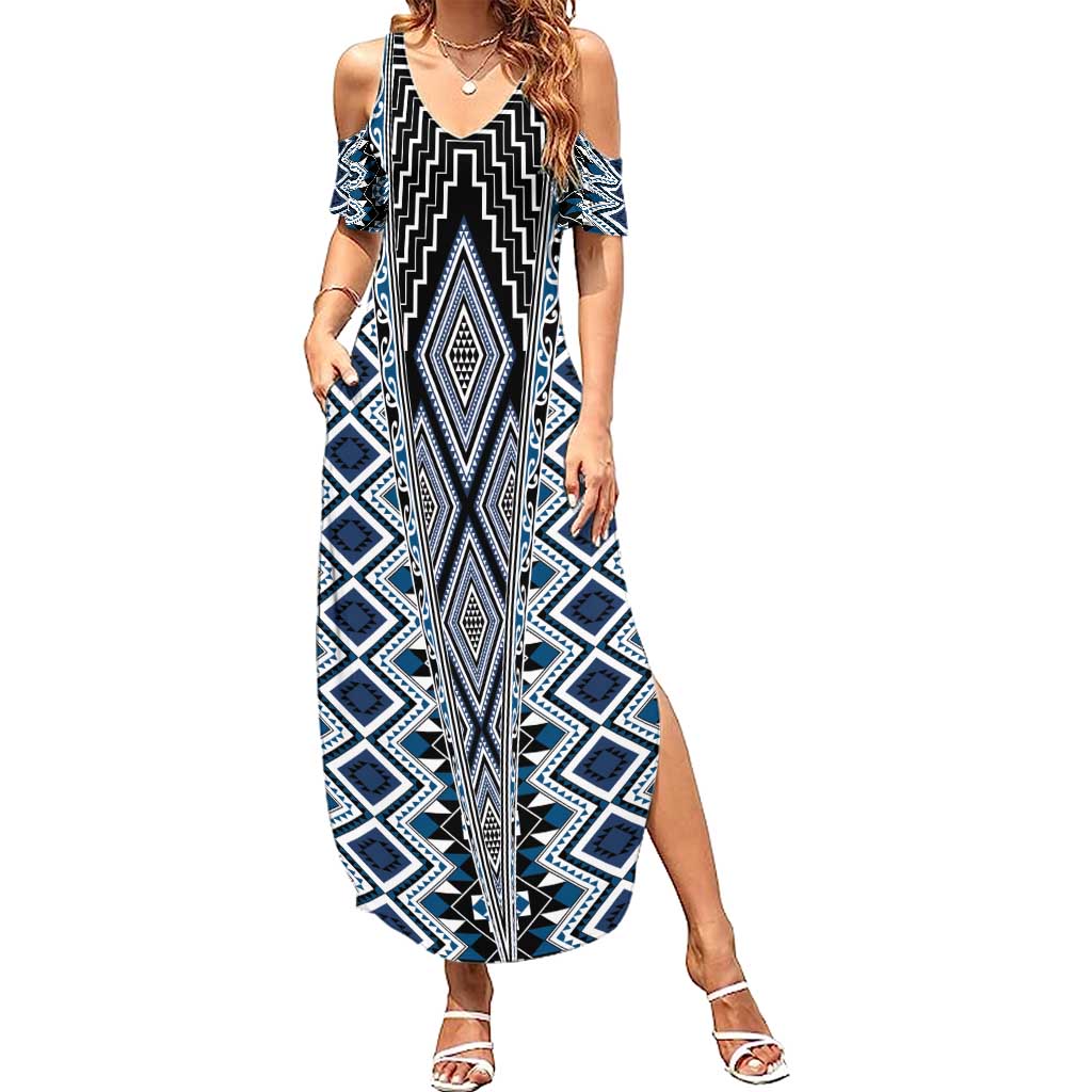 Blue Aotearoa Tukutuku and Poutama Motif Summer Maxi Dress