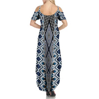 Blue Aotearoa Tukutuku and Poutama Motif Summer Maxi Dress