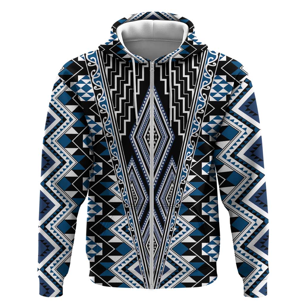 Blue Aotearoa Tukutuku and Poutama Motif Zip Hoodie