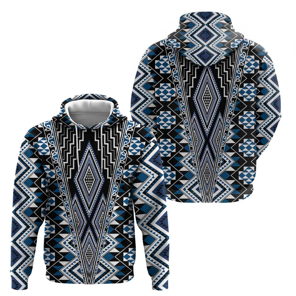 Blue Aotearoa Tukutuku and Poutama Motif Zip Hoodie