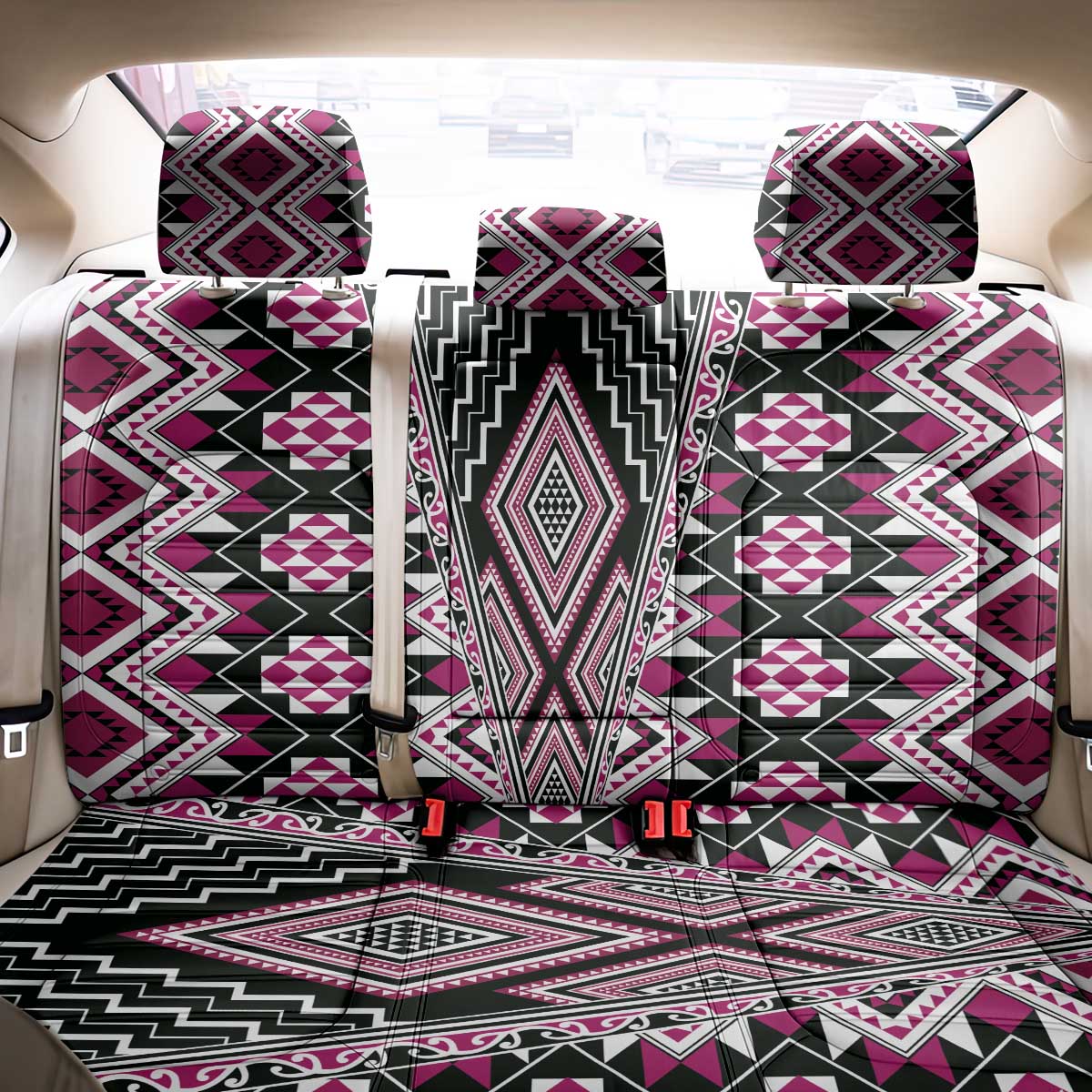 Pink Aotearoa Tukutuku and Poutama Motif Back Car Seat Cover