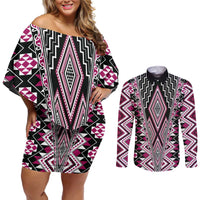 Pink Aotearoa Tukutuku and Poutama Motif Couples Matching Off Shoulder Short Dress and Long Sleeve Button Shirt