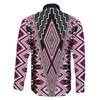 Pink Aotearoa Tukutuku and Poutama Motif Family Matching Off The Shoulder Long Sleeve Dress and Hawaiian Shirt