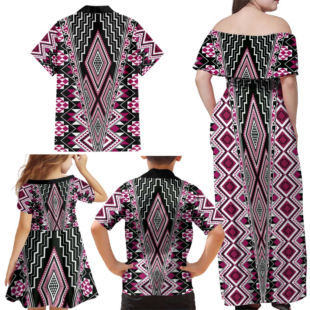 Pink Aotearoa Tukutuku and Poutama Motif Family Matching Off Shoulder Maxi Dress and Hawaiian Shirt