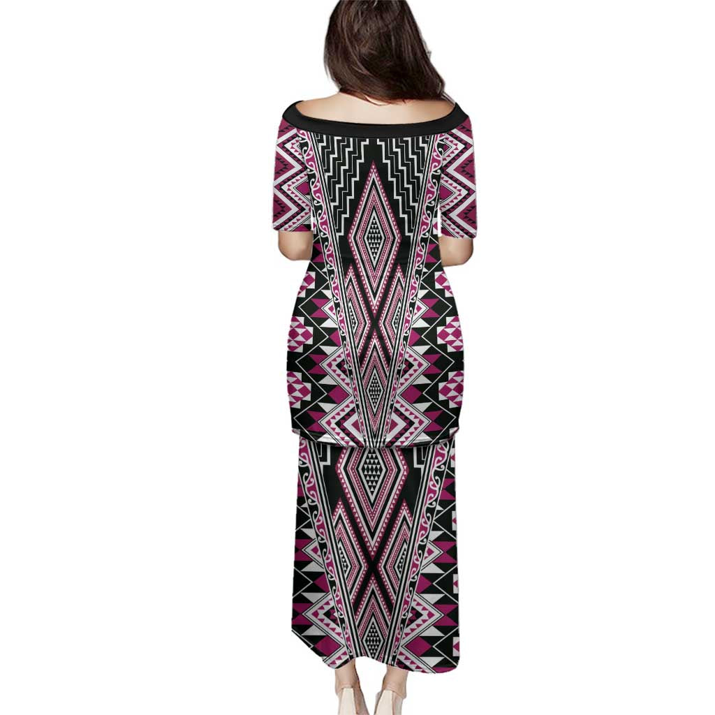 Pink Aotearoa Tukutuku and Poutama Motif Family Matching Puletasi and Hawaiian Shirt