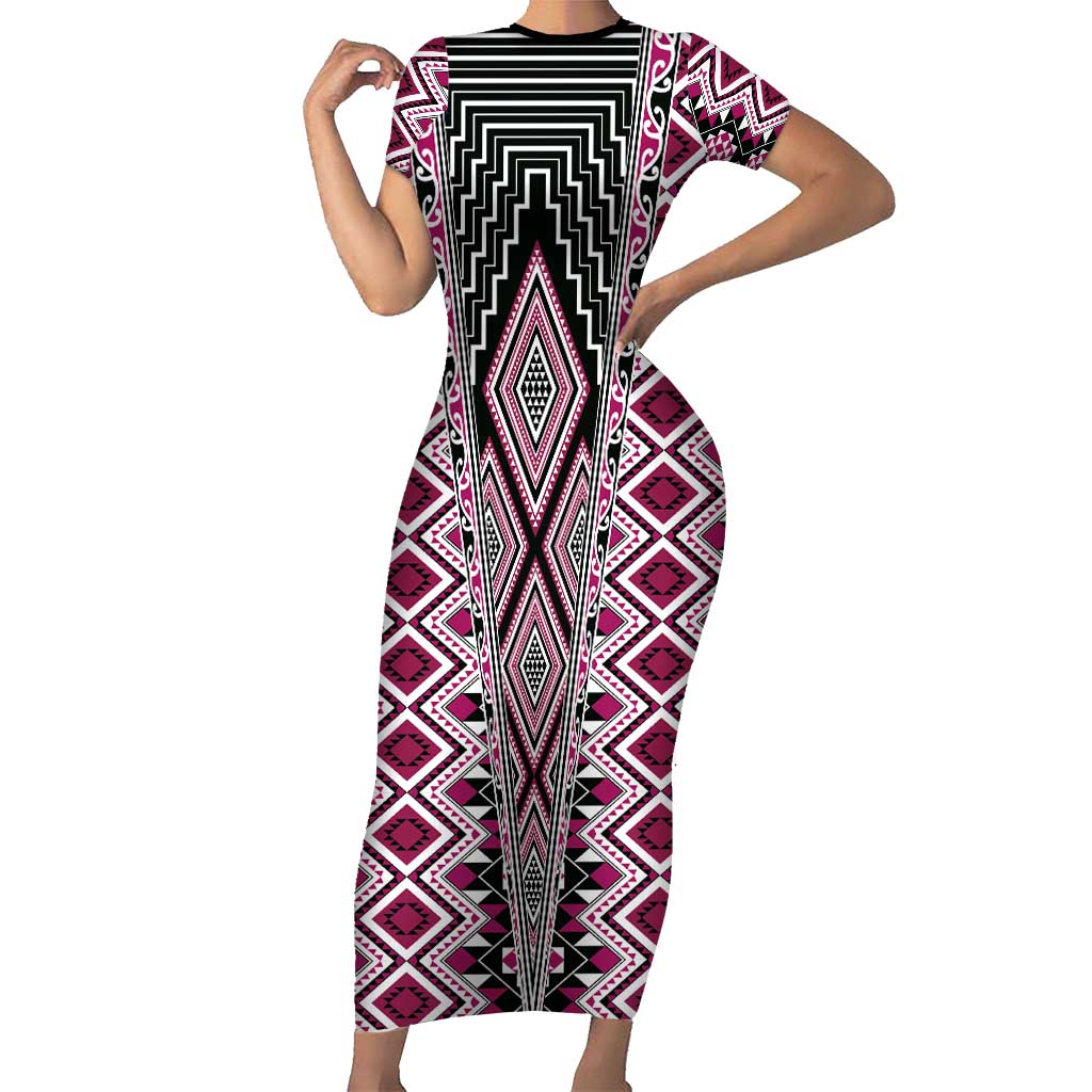 Pink Aotearoa Tukutuku and Poutama Motif Family Matching Short Sleeve Bodycon Dress and Hawaiian Shirt
