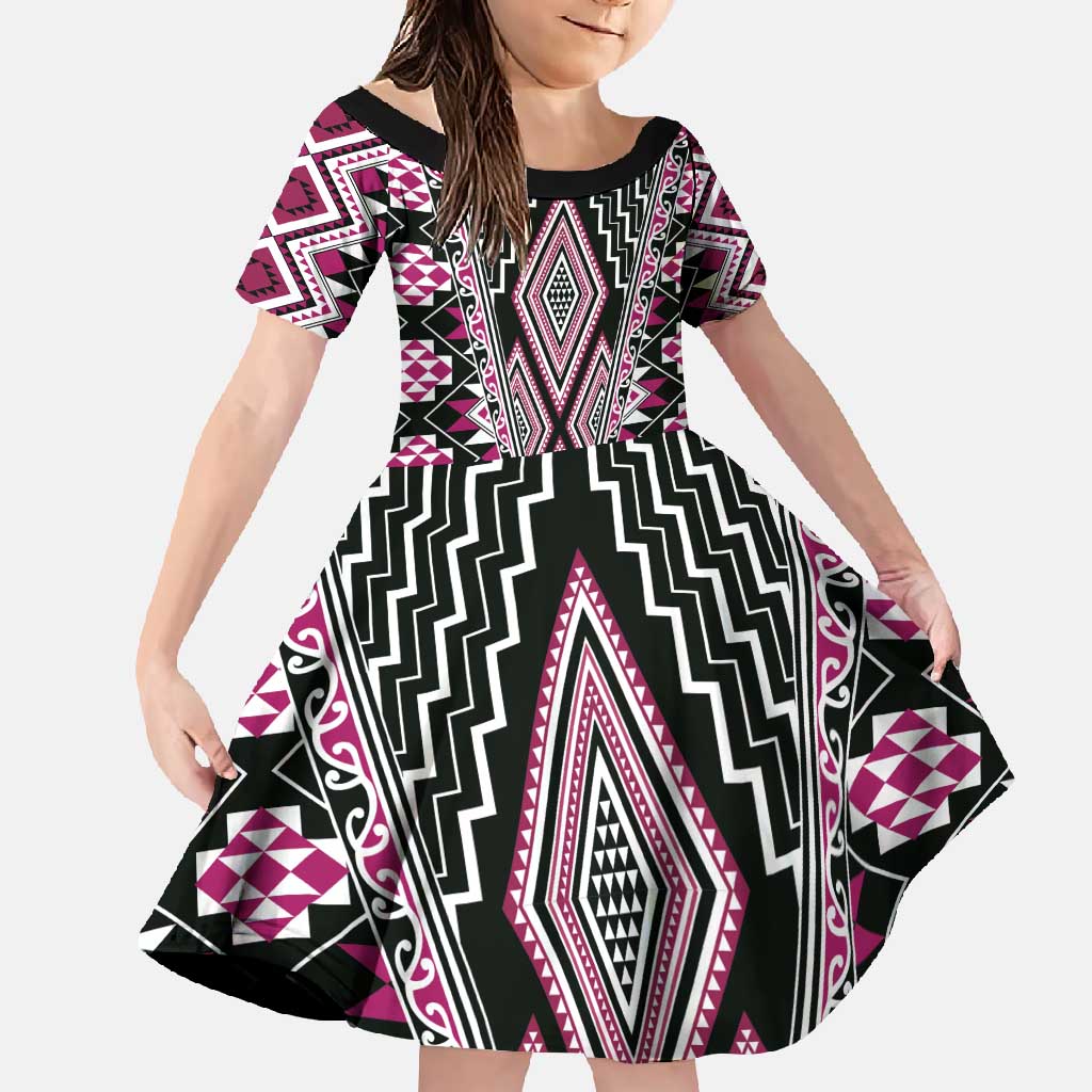 Pink Aotearoa Tukutuku and Poutama Motif Family Matching Tank Maxi Dress and Hawaiian Shirt