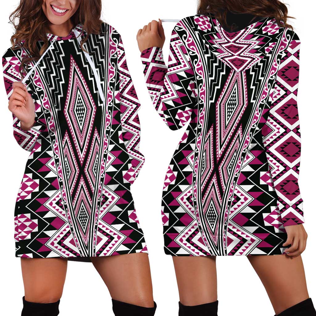 Pink Aotearoa Tukutuku and Poutama Motif Hoodie Dress