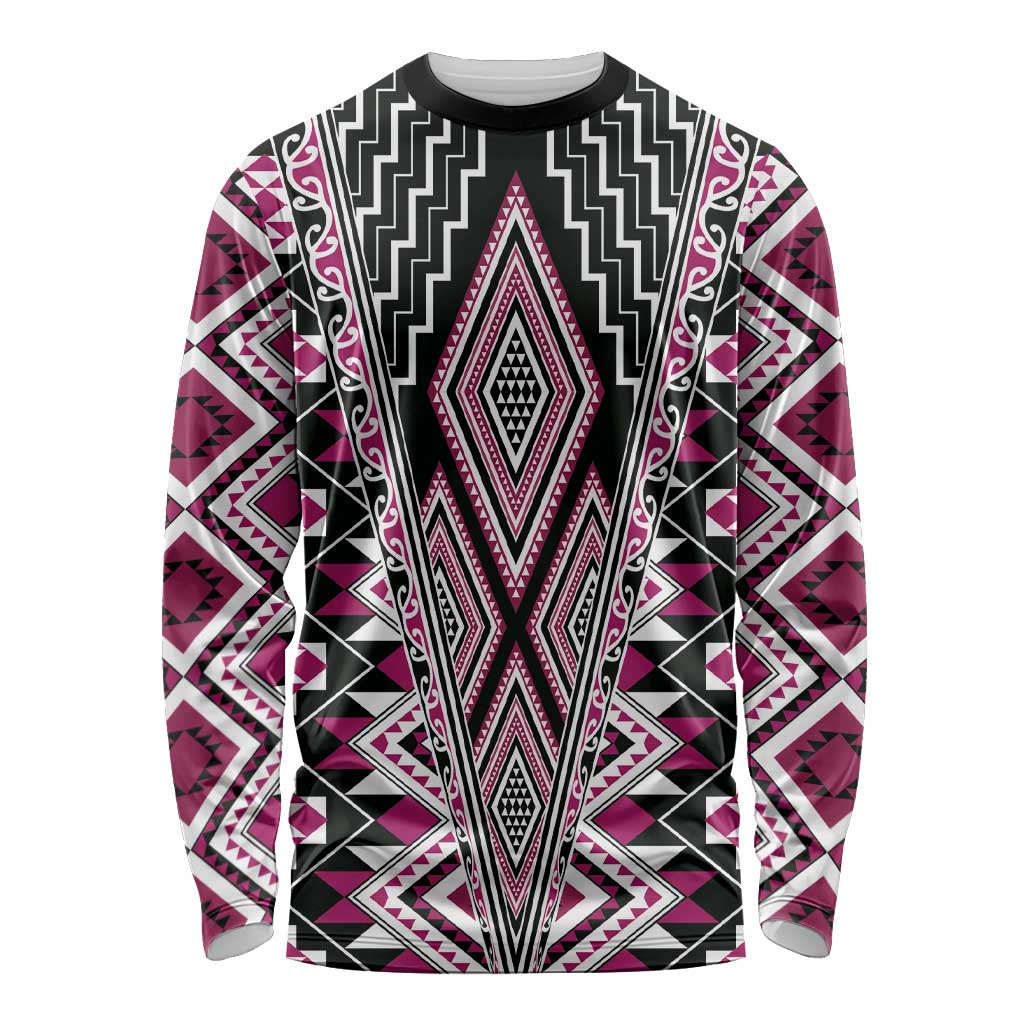 Pink Aotearoa Tukutuku and Poutama Motif Long Sleeve Shirt
