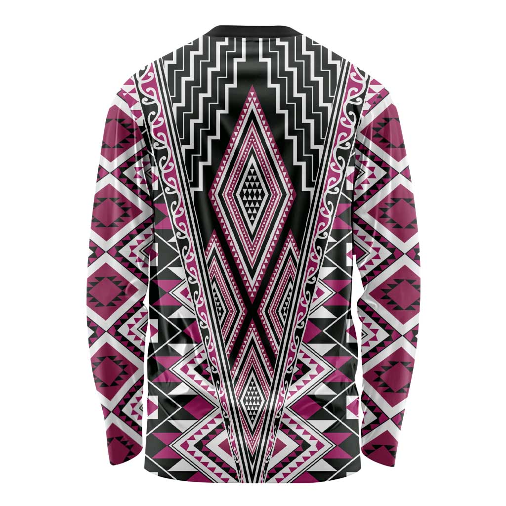 Pink Aotearoa Tukutuku and Poutama Motif Long Sleeve Shirt