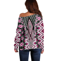 Pink Aotearoa Tukutuku and Poutama Motif Off Shoulder Sweater