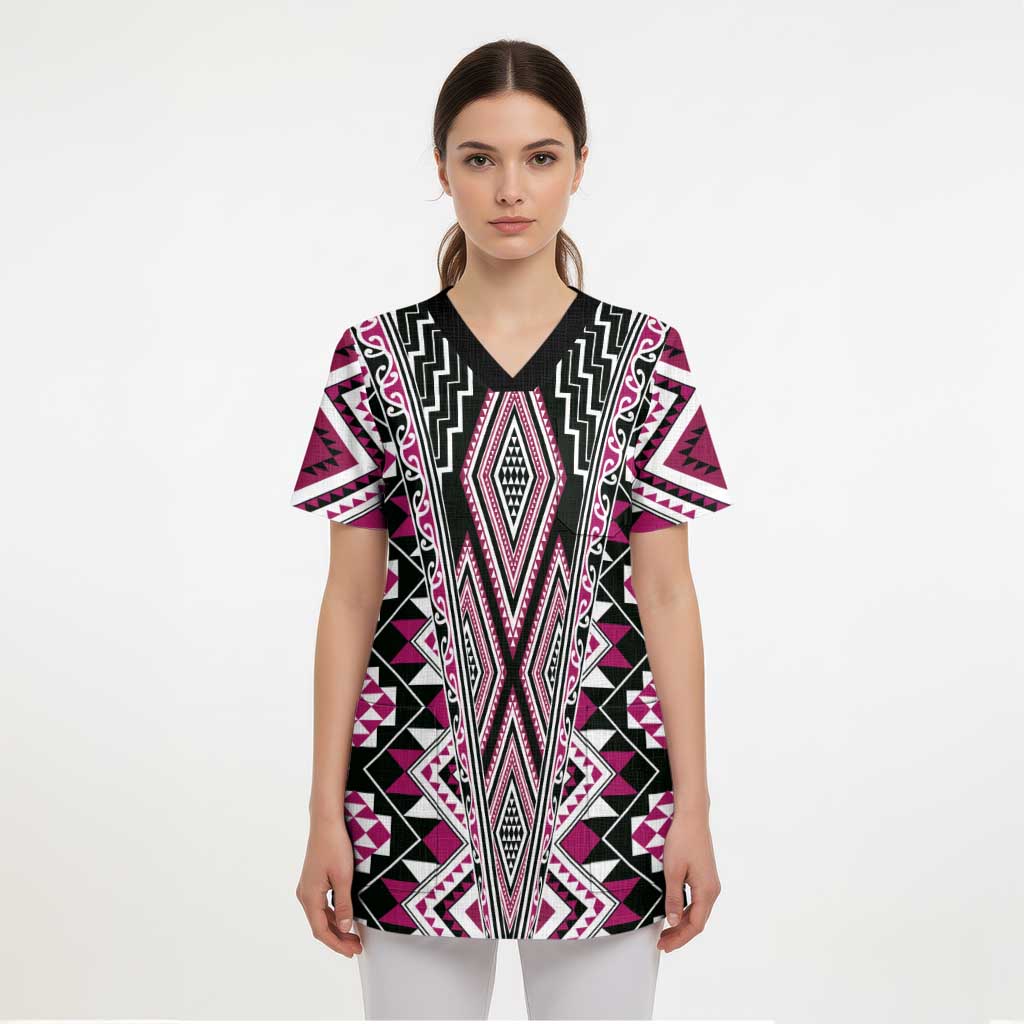 Pink Aotearoa Tukutuku and Poutama Motif Scrub Top - Polynesian Pride
