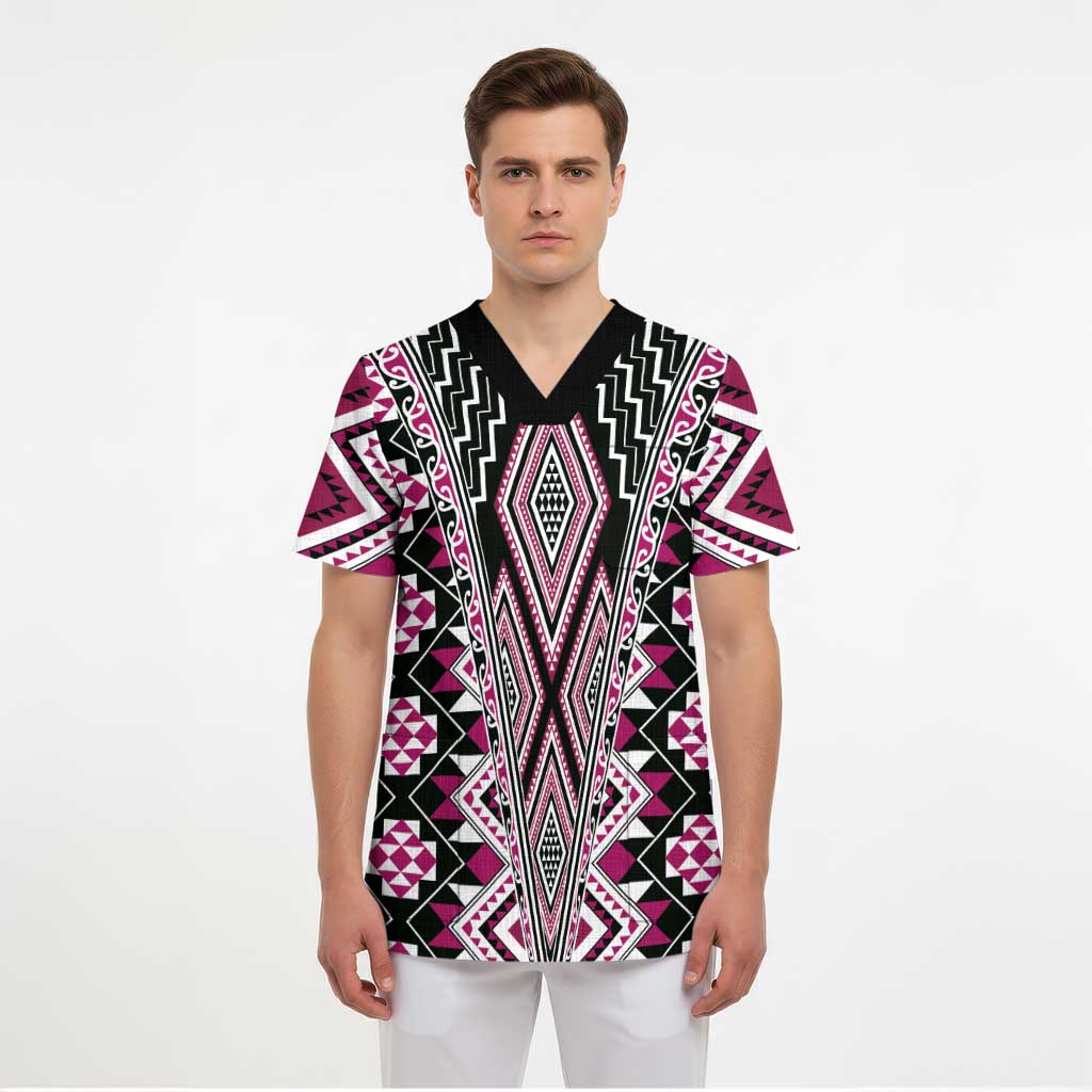 Pink Aotearoa Tukutuku and Poutama Motif Scrub Top - Polynesian Pride