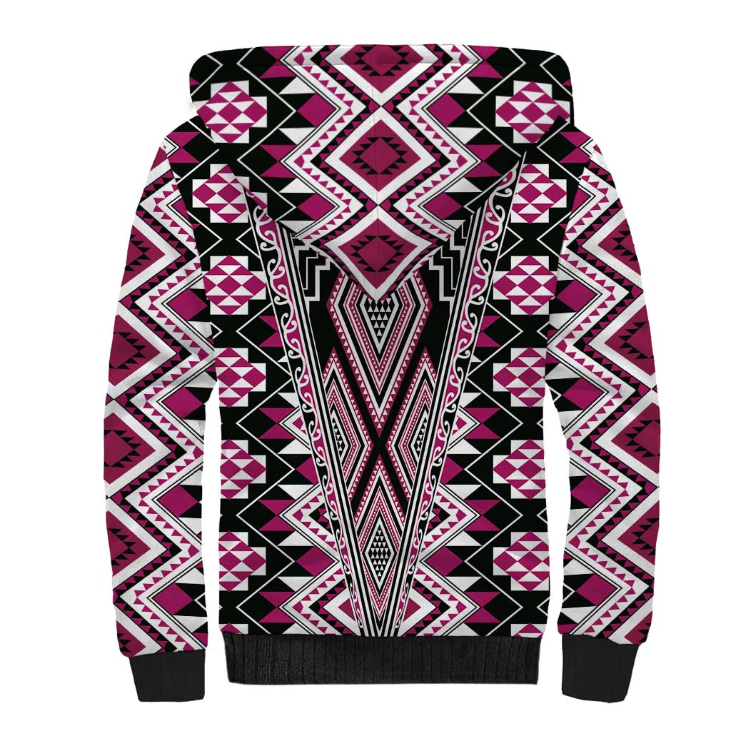 Pink Aotearoa Tukutuku and Poutama Motif Sherpa Hoodie