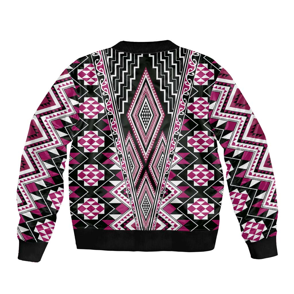 Pink Aotearoa Tukutuku and Poutama Motif Sleeve Zip Bomber Jacket